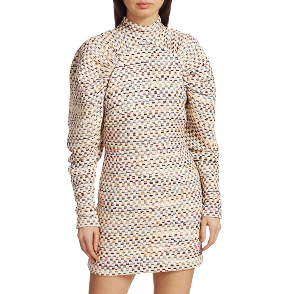 Rotate Birger Christensen Kim Multicolor Grid Mini Puff Sleeve Sheath Dress